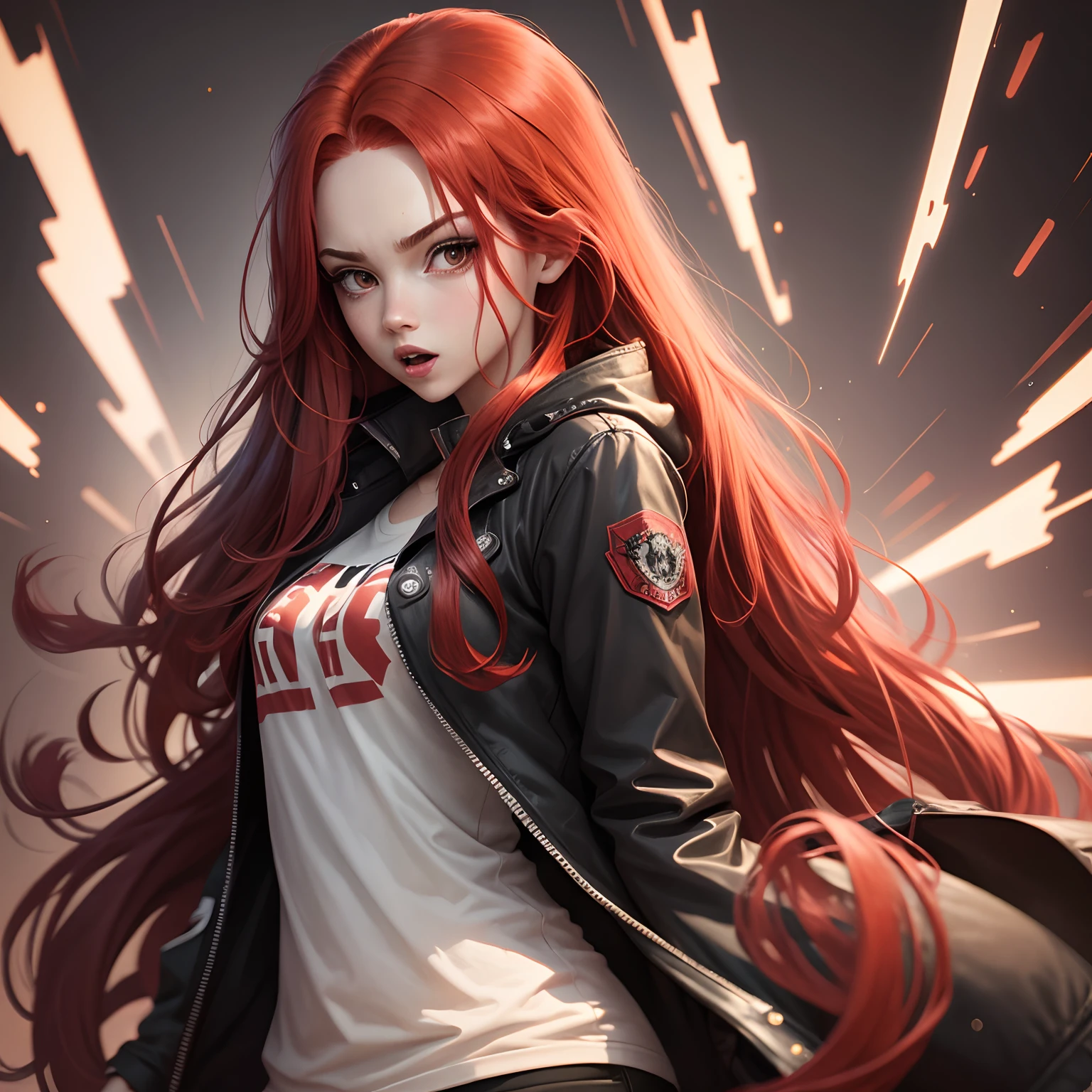 Girl, long red hair, jacket, ink style, comic style, crazy expression