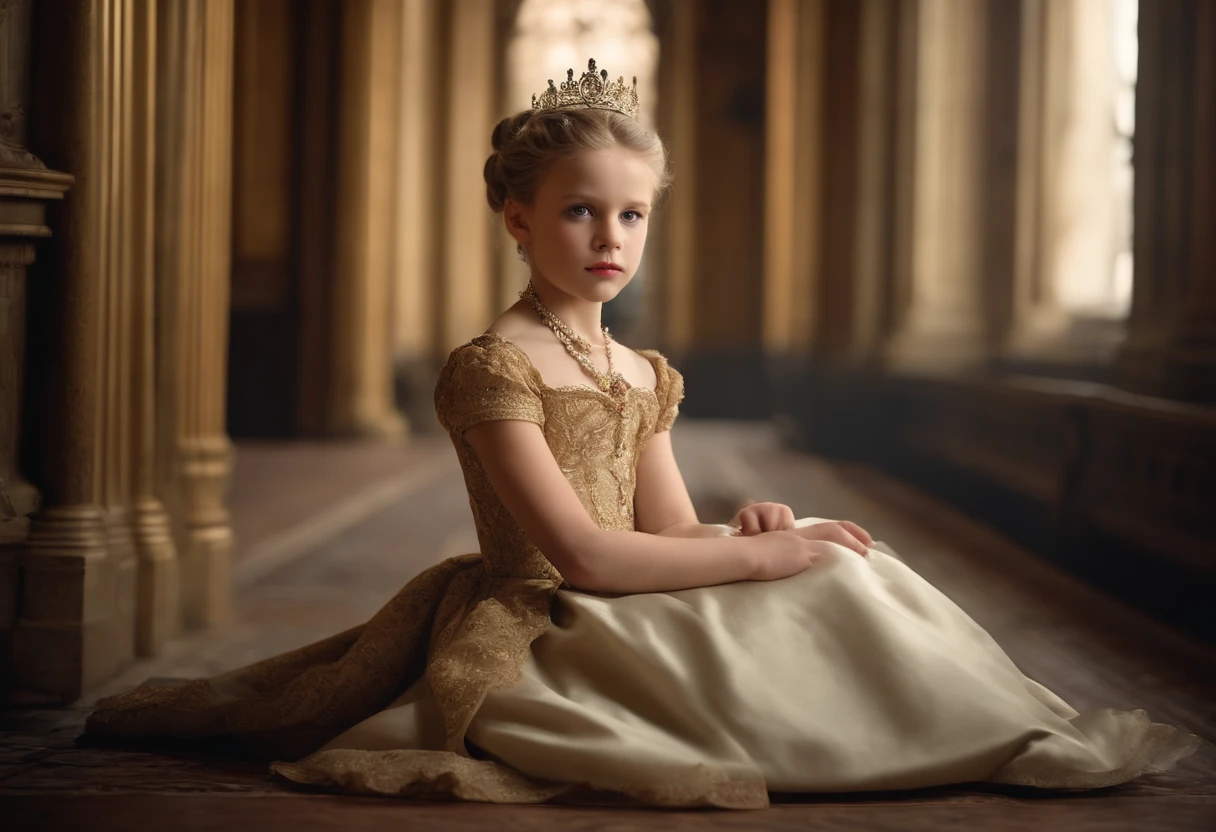 Beauty in the middle of the picture, French, (pale:1.3) Skin, 7--old ncess Straight blonde hair in bun hairstyle, Large eyelashes, self-confident, serious, arrogant, no makeup, Beautiful body, Intricate Victorian costumes, In the palace, victorian era