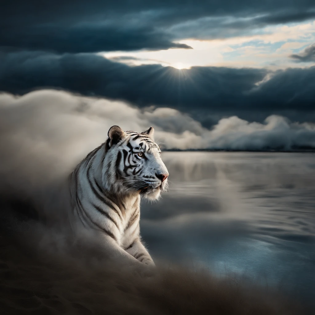 (Legendary artwork),(Running white tiger)King's Wind,Domineering and exposed,Blue-black body,Fluorescence,rendering by octane:1.5,in a cloud,Faraway view,Ultra-clear image quality,No characters,(Cloud effects:1.5),(Lightning effects:1.5),(Water vapor effect:1.5),super detailing,8K,official works