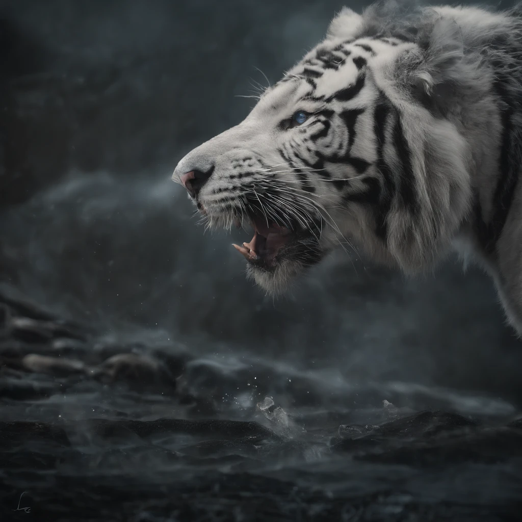 (Legendary artwork),(Running white tiger)King's Wind,Domineering and exposed,Blue-black body,Fluorescence,rendering by octane:1.5,in a cloud,Faraway view,Ultra-clear image quality,No characters,(Cloud effects:1.5),(Lightning effects:1.5),(Water vapor effect:1.5),super detailing,8K,official works