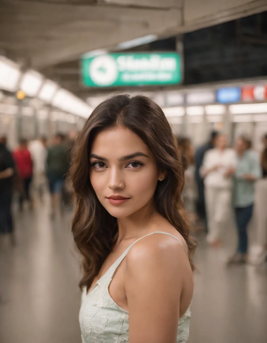 a lady in a top and shorts is posing in the subway station, in the style of light white and dark green, traditional mexican style, strong facial expression, panasonic lumix s pro 50mm f/1.4, beautiful women, focus stacking, indian pop culture