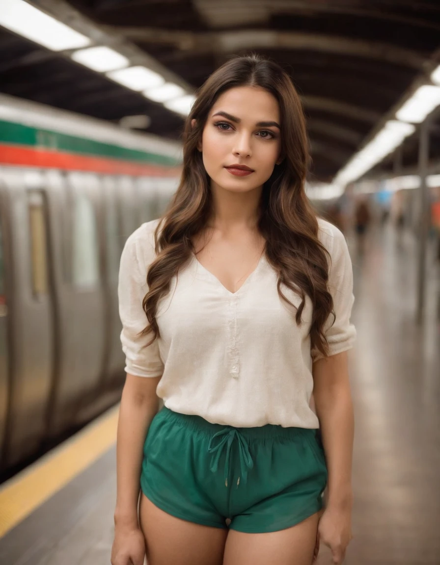 a lady in a top and shorts is posing in the subway station, in the style of light white and dark green, traditional mexican style, strong facial expression, panasonic lumix s pro 50mm f/1.4, beautiful women, focus stacking, indian pop culture