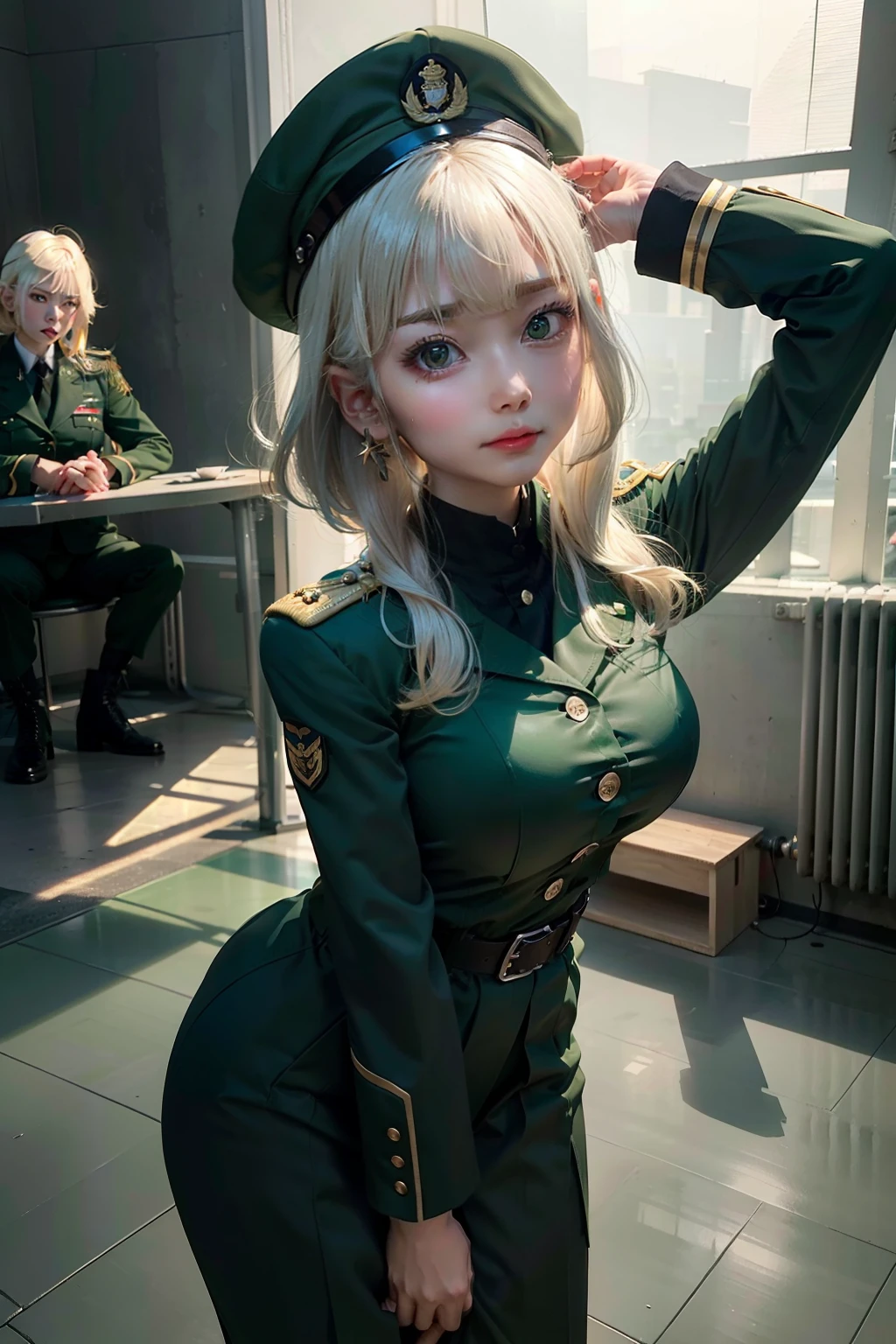 Facing the audience、upward-eyed、dynamicposes、Legs spread、Hands behind your back、pretty 1girl, absurderes, 8K UHD, Platinum Blonde Hair,bob cuts, 20yr old、very large breast, Workplace costumes,(Green military uniform, soldier, Green cloak、Green pants, Military uniform、Green Military Cap),(FULL BODYSHOT)、(Rin々 expressions:1.12),Battlefield Background