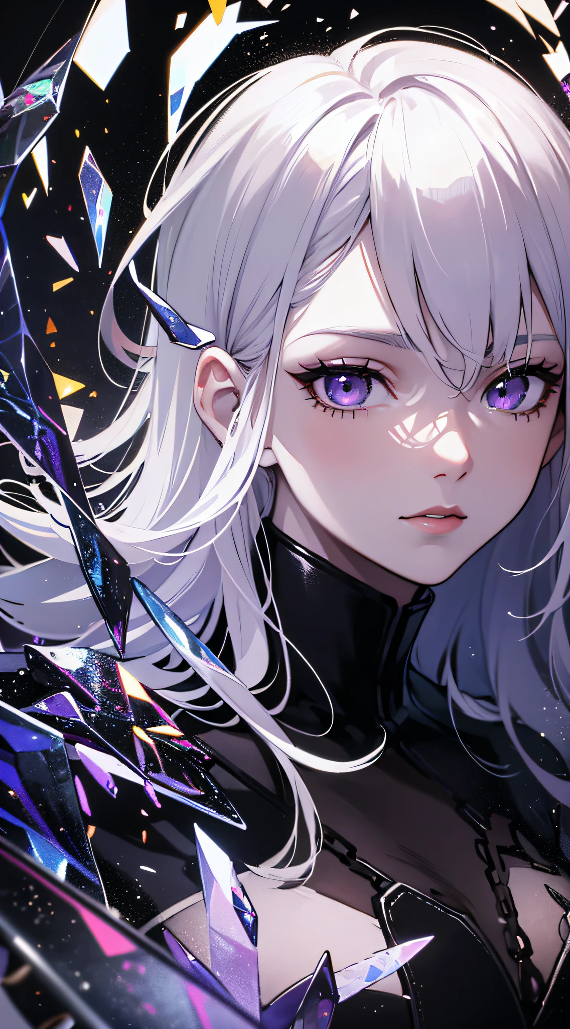 (masterpiece, best quality, ultra-detailed, best shadow), (detailed background,dark fantasy), (beautiful detailed face), high contrast, (best illumination, an extremely delicate and beautiful), ((cinematic light)), colorful, hyper detail, dramatic light, intricate details, (1girl, solo,white hair, sharp face,purple eyes, hair between eyes,dynamic angle), blood splatter, swirling black light around the character, depth of field,black light particles,(broken glass),magic circle,
