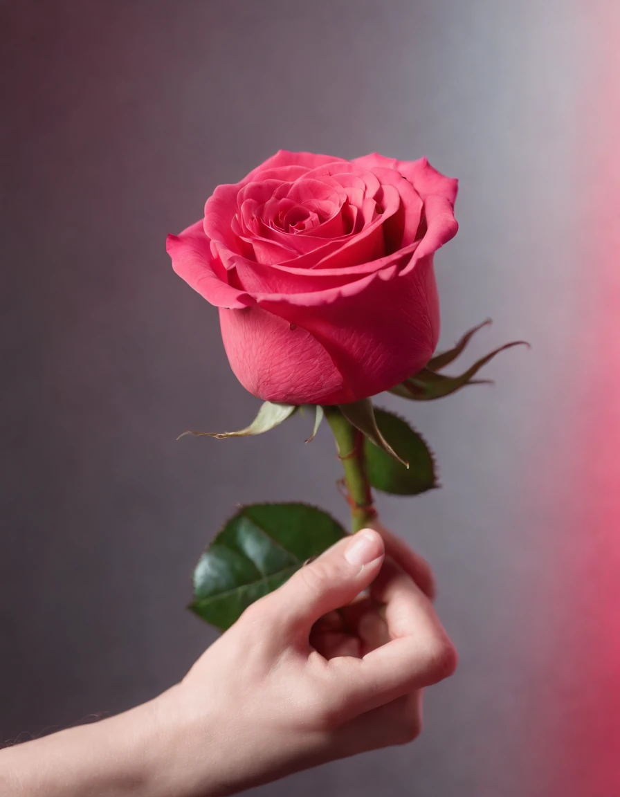 hand holding a rose on red background, in the style of ready-made objects, flowerpunk, minimal retouching, vibrant, lively, sketchfab, pink, elegant