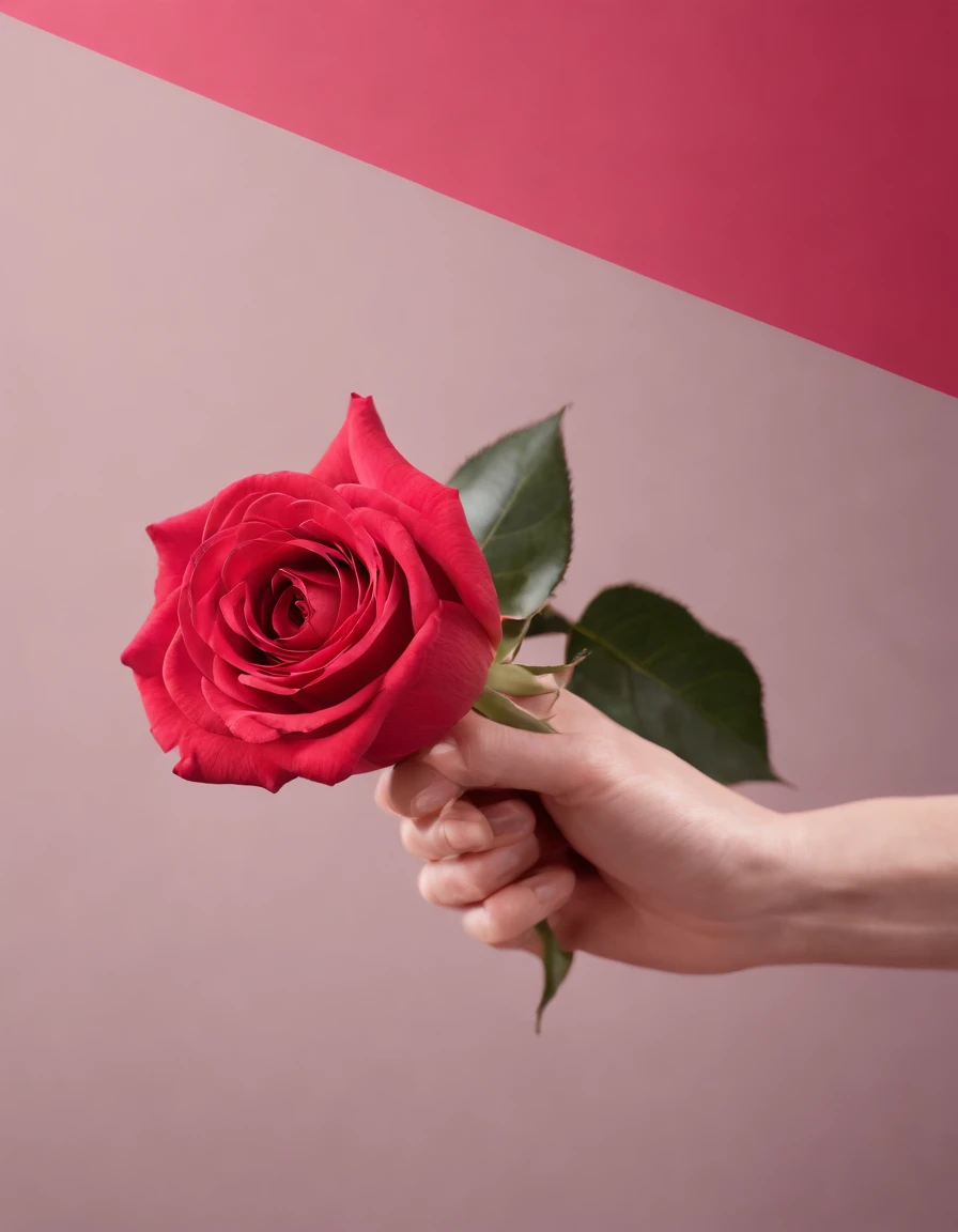 hand holding a rose on red background, in the style of ready-made objects, flowerpunk, minimal retouching, vibrant, lively, sketchfab, pink, elegant