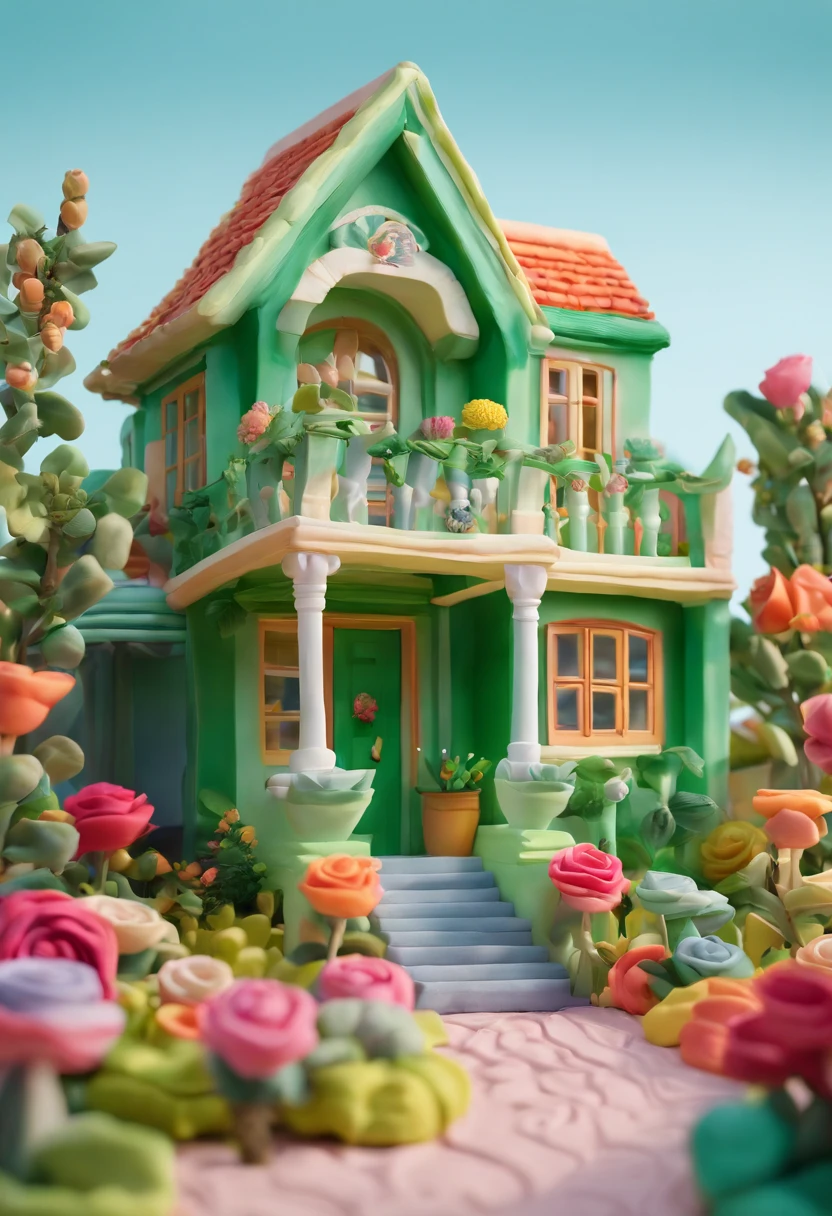 A green roses house gloria studio, the garden is full of colourful roses clay material, cartoonish design style, pop mart, soft lighting, smooth lines, tilt-shift lenses, detailed science fiction illustrations, hyper-realistic details, warm color