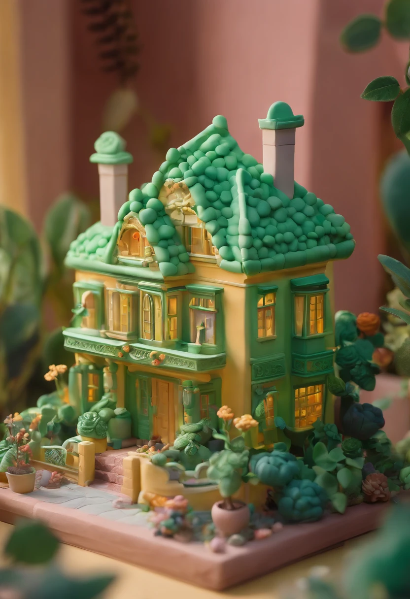 A green roses house gloria studio, the garden is full of colourful roses clay material, cartoonish design style, pop mart, soft lighting, smooth lines, tilt-shift lenses, detailed science fiction illustrations, hyper-realistic details, warm color