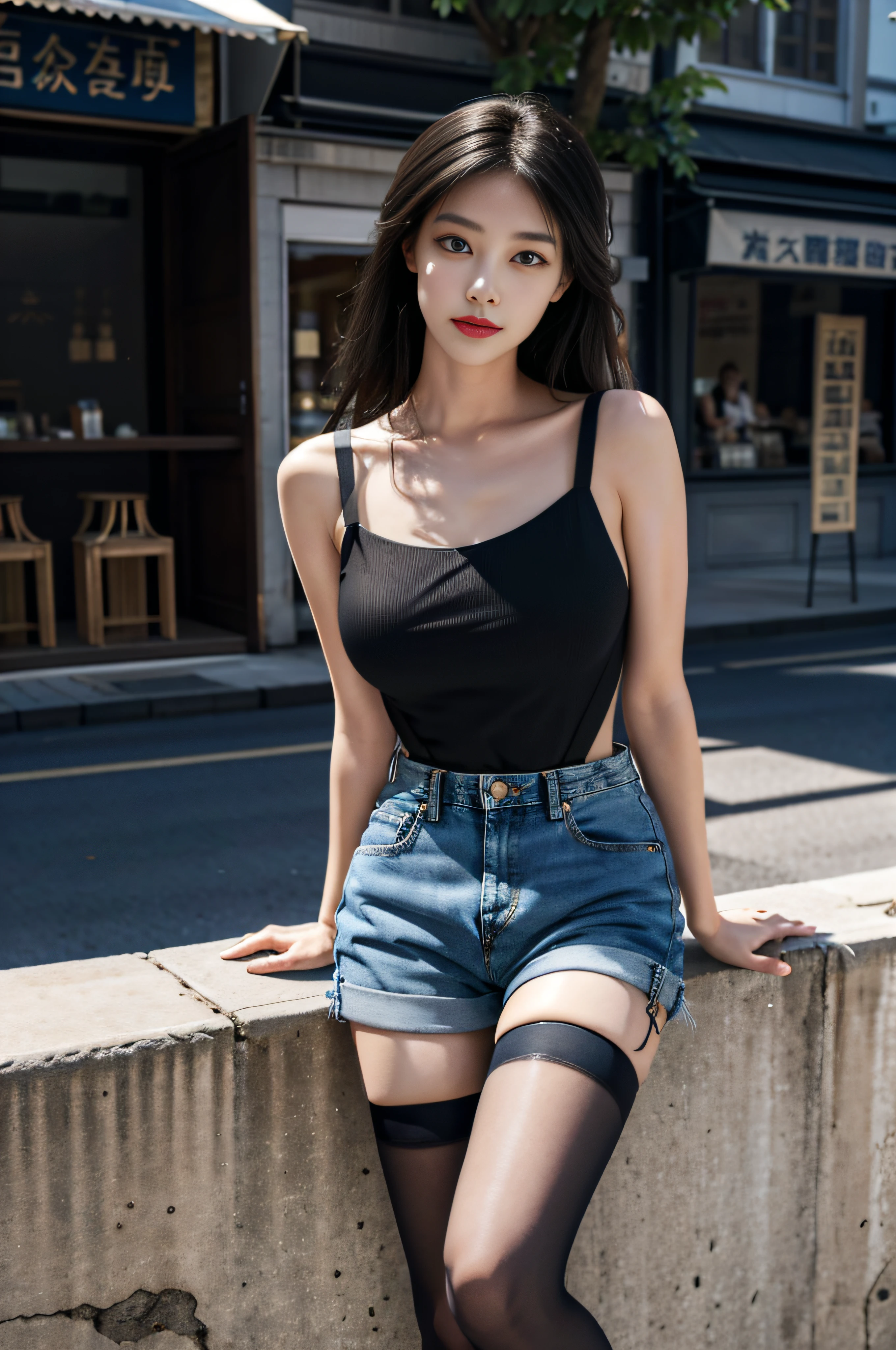 best qualtiy,tmasterpiece,超高分辨率,(realisticlying:1.4),RAW photogr,(Evening Street),1个Giant Breast Girl,黑The eye,long whitr hair,Light makeup,cparted lips,tiny ears,whitet-shirt,denim short,black suspenders stockings,Beautiful Women with Perfect Figure:1.4, (exteriors,beachside:1.1),the city street,Ultra-fine face,Fine eyes,二重まぶた ,long leges