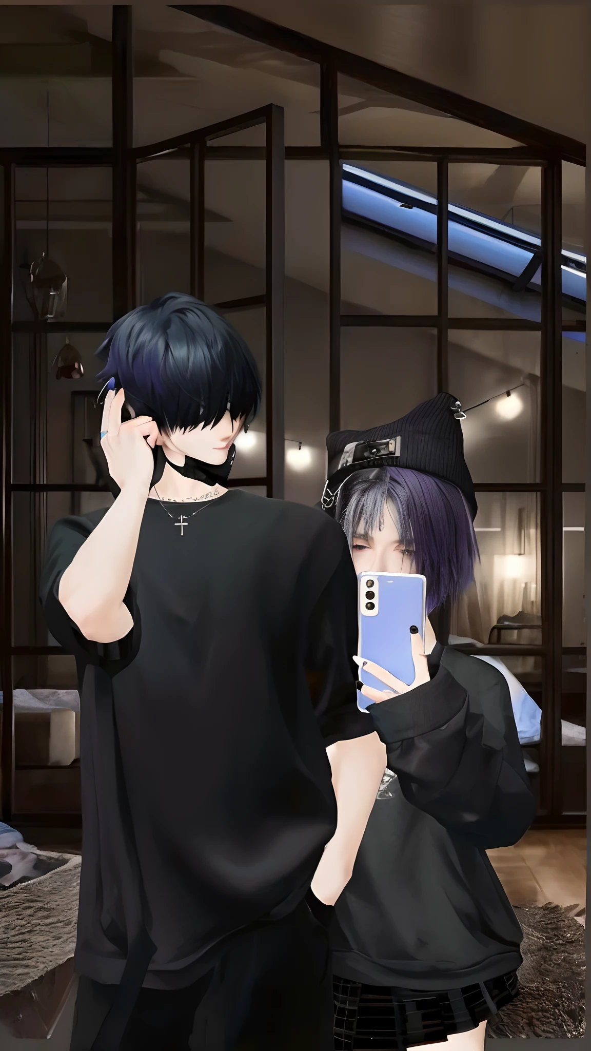 masterpiece, top-quality, 2Others, Male couple, 1 man and 1,, Adults, Height difference, different fashion, different color, finely eye and detailed face, intricate detailes, Naked, Casual clothing, white backgrounid, A smile, Happiness, tenderness, queers, Boys Love, high-level image quality、 selfee, Two beautiful men、tall、The upper part of the body、nightfall、nighttime scene、𝓡𝓸𝓶𝓪𝓷𝓽𝓲𝓬、Korean Male, Idol Photos, Model photo, k pop, Professional Photos, Vampires, Korean fashion with black pants and white Y-shirt, Fedoman with necklace, inspired by Sim Sa-jeong, androgynous vampire, :9 detailed face: 8, extra detailed face, detailed punk hair, ((eyes are brown)) baggy eyes, Seductive. Highly detailed, semi realistic anime, Vampires, hyperrealistic teen, delicate androgynous prince, imvu, short hair above the ears, Man with short hair, With a purple-haired man with a wild expression, Man with light blue hair with gentle expression, ((With a short-haired man with bright purple hair)), ((Man with light blue hair)), Take off your shirt and pose