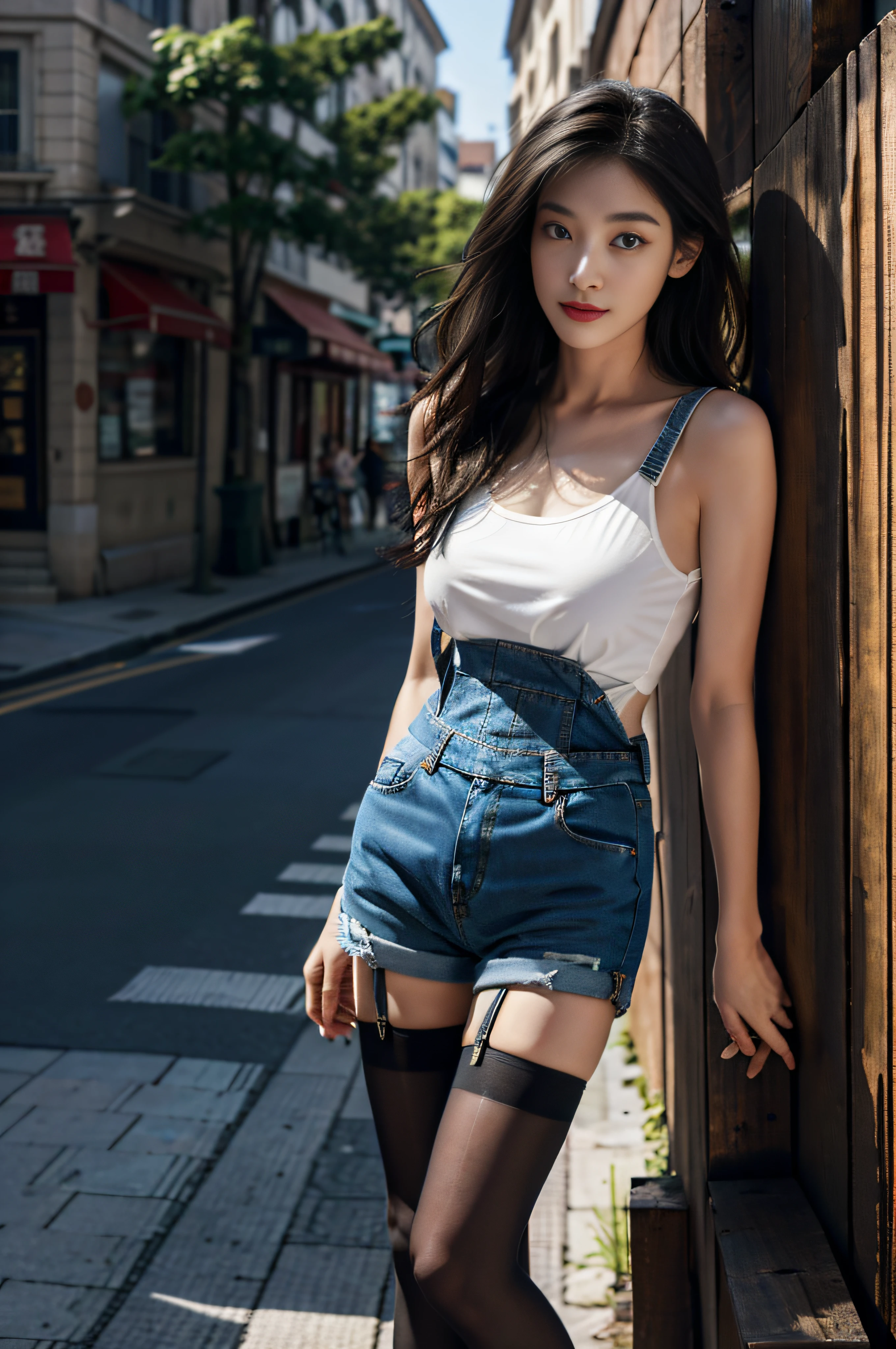 best qualtiy，tmasterpiece，超高分辨率，（realisticlying：1.4），RAW photogr，（Evening Street），1个Giant Breast Girl，黑The eye，long whitr hair，Light makeup，cparted lips，tiny ears，whitet-shirt，denim short，black suspenders stockings，Beautiful Women with Perfect Figure:1.4, （exteriors，beachside：1.1），the city street，Ultra-fine face，Fine eyes，二重まぶた ，long leges