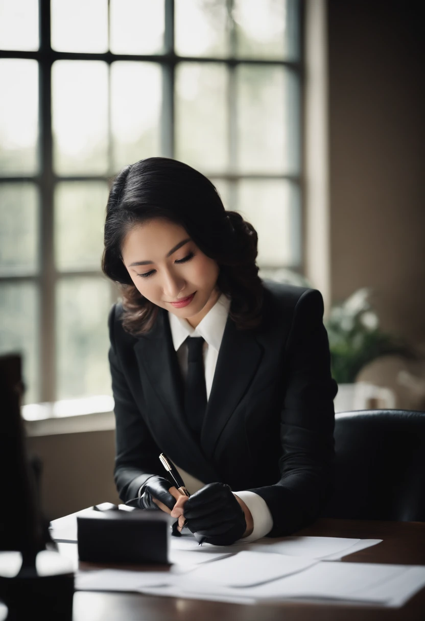 Wearing black leather gloves in both hands, upper body, black business suit, facing the desk in the modern study in the dark, looking down and smiling, writing a letter using a fountain pen, long, straight black hair, young Japanese female new employee (black leather gloves cover both hands)