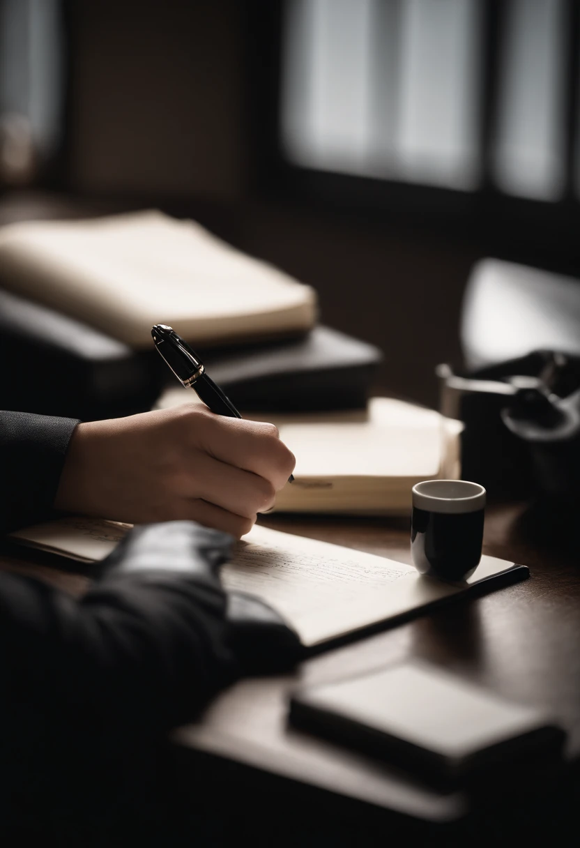 Wearing black leather gloves in both hands, upper body, black business suit, facing the desk in the modern study in the dark, looking down and smiling, writing a letter using a fountain pen, long, straight black hair, young Japanese female new employee (black leather gloves cover both hands)