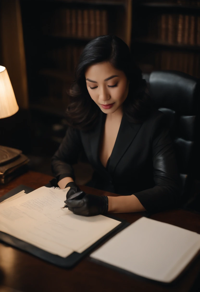 Wearing black leather gloves in both hands, upper body, black business suit, facing the desk in the modern study in the dark, looking down and smiling, writing a letter using a fountain pen, long, straight black hair, young Japanese female new employee (black leather gloves cover both hands)