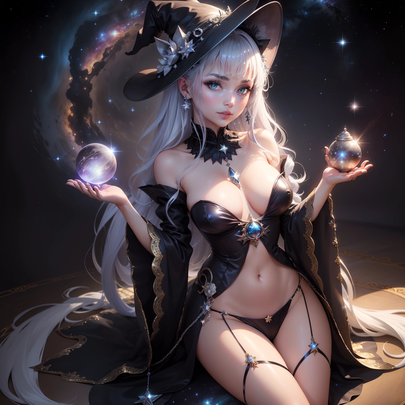 Lots of silver stars and rivers twinkling Glitter and seductive Glitter like a jewelry box intergalactic You can also see large galaxies and the Milky Way shine beautful view Cute cat-eared witch girl Sorcerer A sexy Black cat Like a fortuneteller Mysterious accessorized Beautiful fingers 5-Fingers Suspicious month without makeup Lighting Lights shackle Thigh exposure