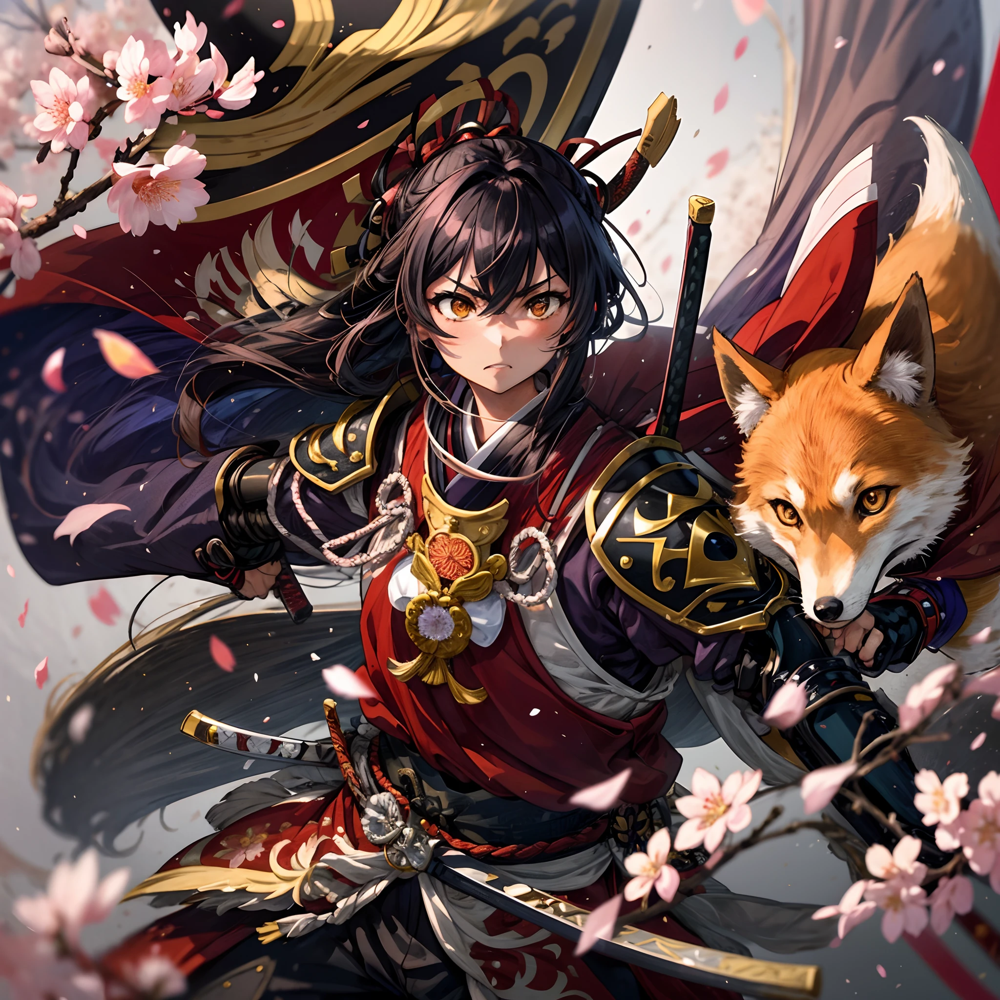 A brave and noble fox samurai warrior, wearing highly detailed red samurai armor, wearing a sashimono war flag on his back, sengoku period, highly detailed background, cherry blossoms blowing in the wind, perfect masterpiece, high quality, high resolution