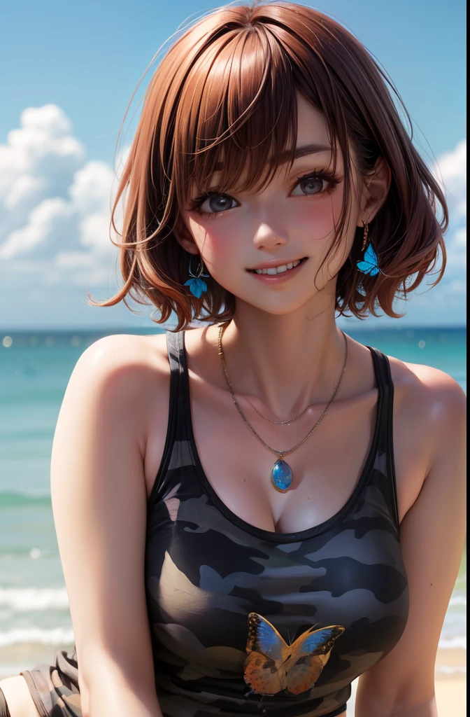 FULL BODYSHOT、an oil painting、​masterpiece、top-quality、hight resolution、Red hair、Cheerful woman、A smile、Camouflage pattern tank top、Black shorts、Sweaty skin、shores、The seaside looks fun、blue-sky、lightly dressed、bobhair、butterflys々Necklace、Gentle smile full of motherhood、Patchy eyes、Soft lips、Brown eyebrows、sexy facial expression、Butterfly Necklace