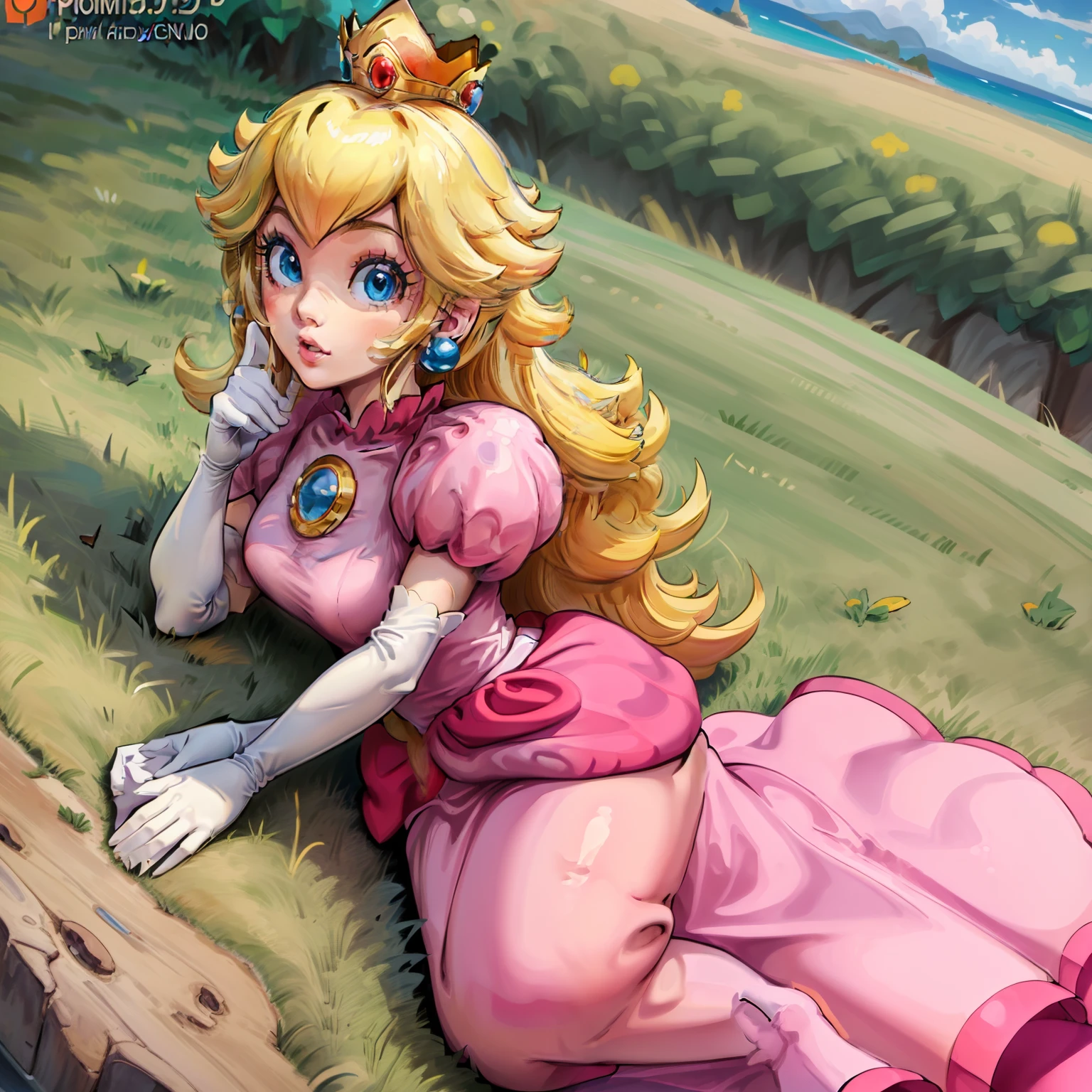 Princess peach posing naked with mushroom kingdom forest all around, sun dappled