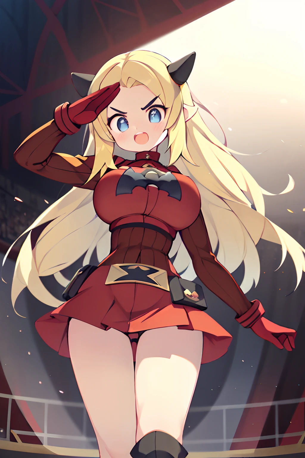 (1girl in:1.2), (Solo:1.2) 、nffsw、Shaders、Brilliant Textured Work、Ultra-detailed eyes、ultra-intricate pupil in eyes、top-quality、full body、(pkmntmg:1.2) 、(fake horns, red shorts, gloves, red boots, red miniskirts) , (absurdly long hair:1.4), ponytail, straight hair, (blonde hair:1.5), evil smile, grin, smile, open mouth, (double tooth:1.3), v-shaped eyebrows, large breasts, salute, contrapposto, from below, skinny legs, on stage, looking at viewer, devilish,