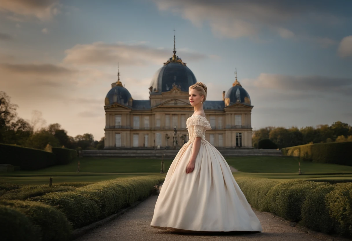 Beauty in the middle of the picture, French, (pale:1.3) Skin, A 7--old ncess and a 30-year-old stepmother. Straight blonde hair in bun hairstyle, Large eyelashes, self-confident, serious, arrogant, no makeup, Beautiful body, Intricate Victorian costumes, In the palace, victorian era