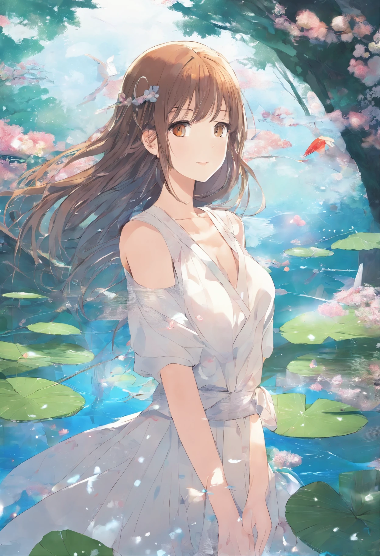 ((Best Quality)), ((masutepiece)), (Highly detailed: 1.3)、Girl playing in the river、kawaii faces、FULL BODYSHOT、Breast size:1.2