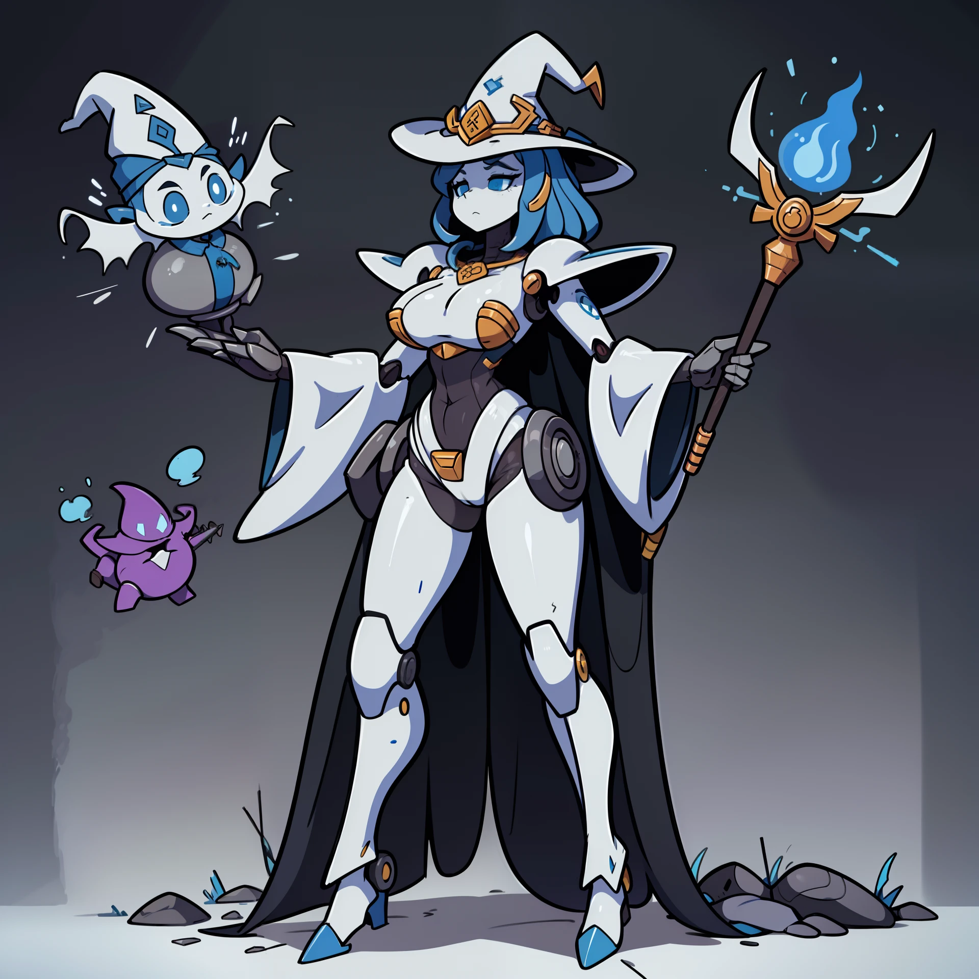 ((masterpiece)), full body, blank background, vectorized design, best quality, great design, full robot, toon, (Witchy Matriarch Mecha) With a tall, pointed hat and a cauldron-like chest, this mecha resembles a wise witch. It holds a staff with mystical symbols and emanates a calming aura. motherly figure, creative, amazing,