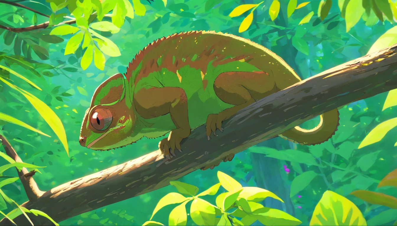Small brown chameleon , Hanging on a tree branch, ((mournful)) ((masterpiece)) ,Background in the forest,Green leaves and flowers,Ultra-high definition and ultra-high resolution