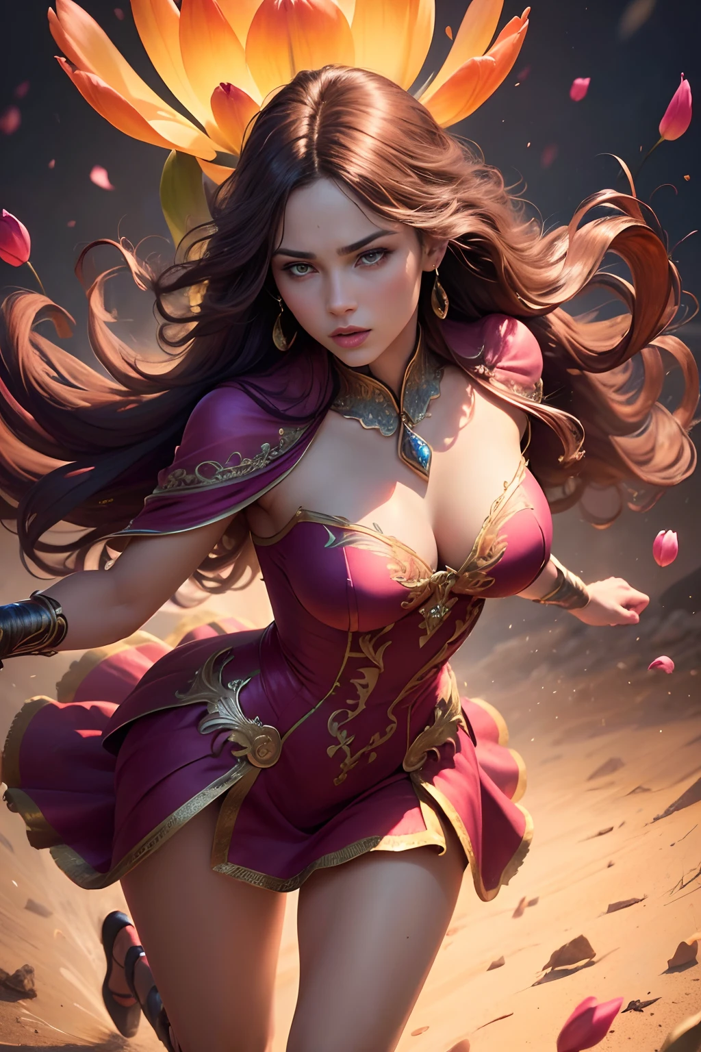 (best quality, highres, ultra-detailed, realistic:1.37), vibrant colors, soft lighting, tulip woman, full body, flower color palette, fighting posture, fierce look, beautiful detailed eyes, beautiful detailed lips, flowing hair, elegant dress, dynamic movement, intense expression.