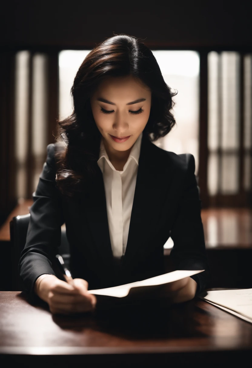 Wearing black leather gloves in both hands, upper body, black business suit, facing the desk in the modern study in the dark, looking down and smiling, writing a letter using a fountain pen, long, straight black hair, young Japanese female new employee (black leather gloves cover both hands)