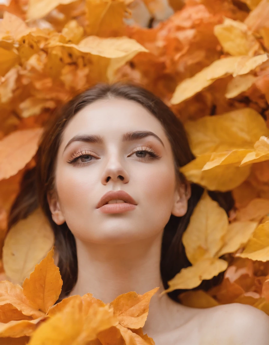 A young woman blows a kiss with orange and yellow leaves and flowers on a white background, orange, (light), in the style of a sculptural arrangement, unicorn core, photo taken with Nikon D750, Harlem Renaissance, Indonesia Art, snapshots of urban life, bold, dramatic forms
