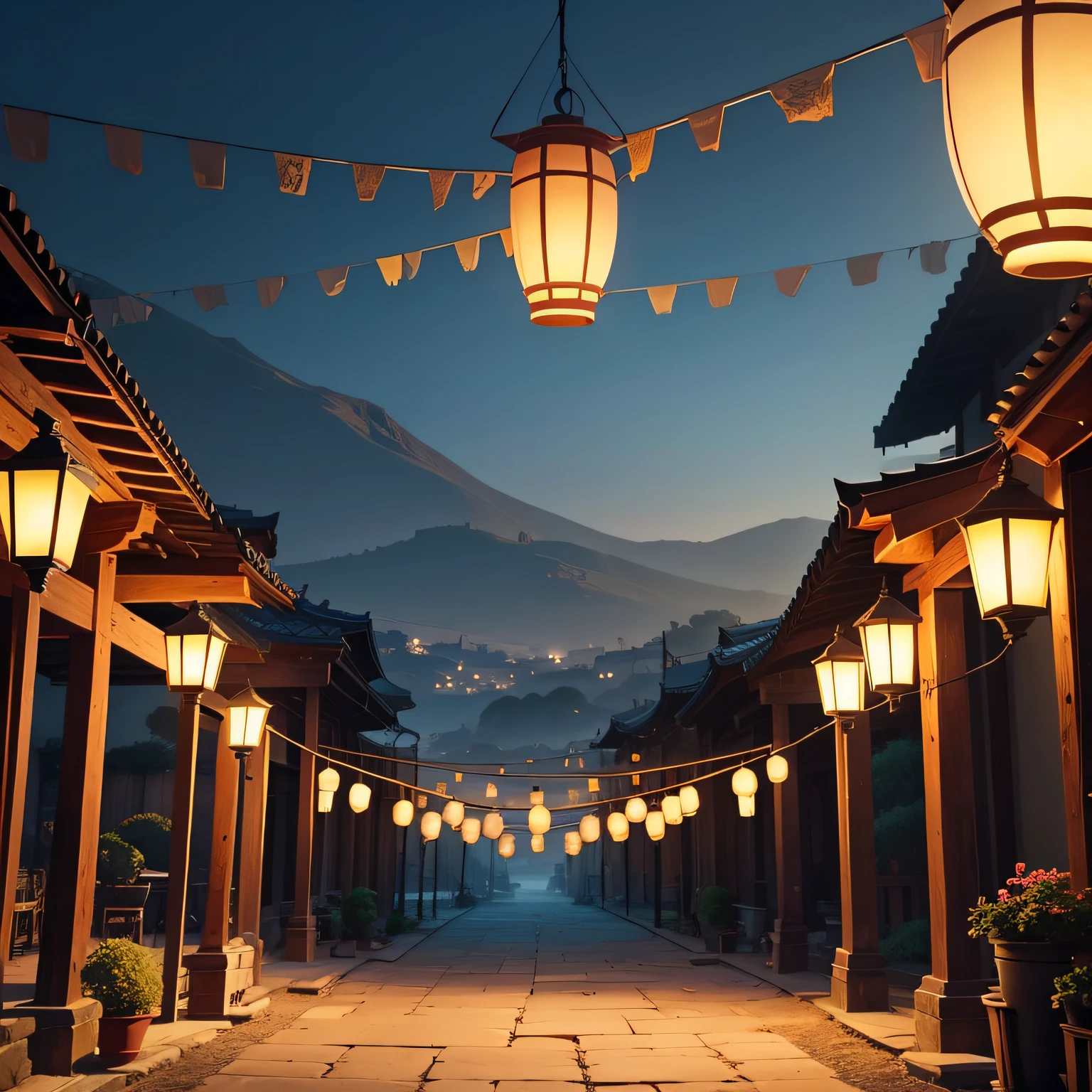 solid color backdrop，Ancient lanterns