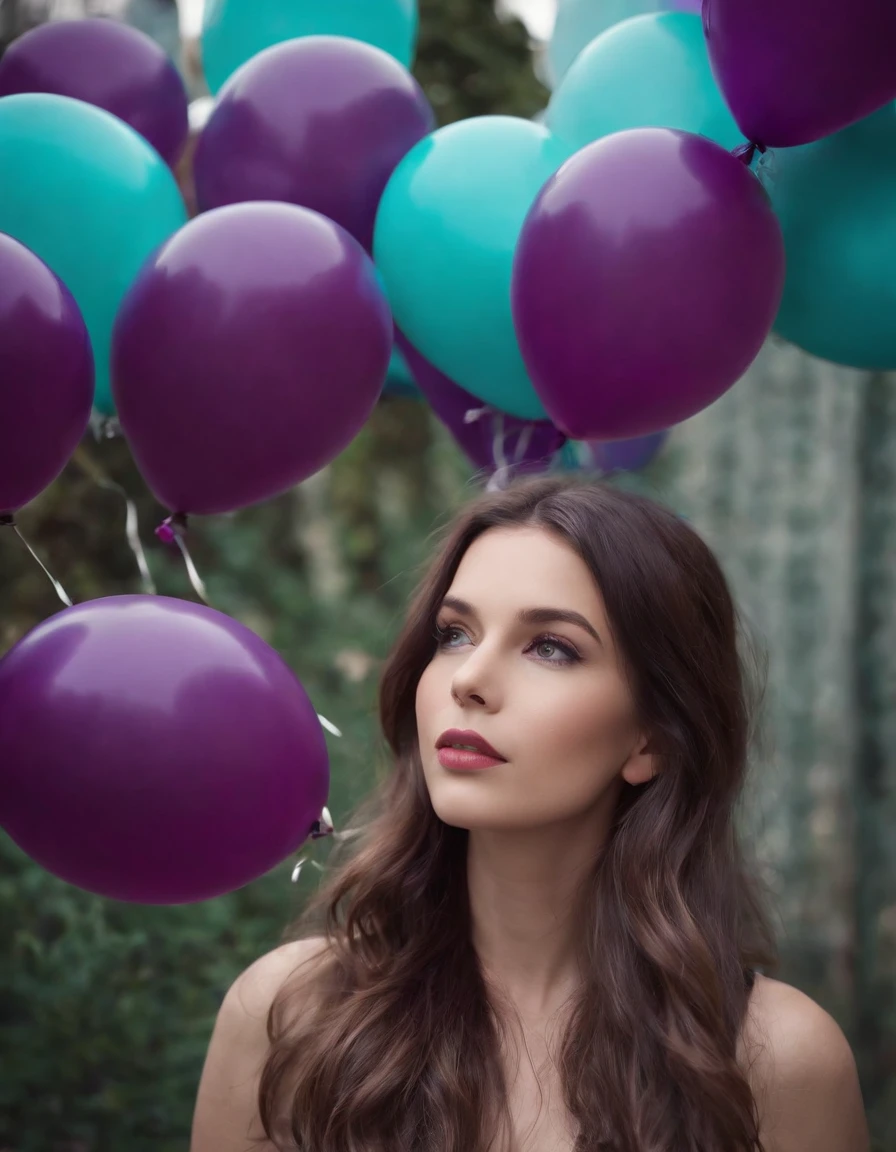 Purple Balloon Background Background If this is what you need or wish to create, in pun pop art style, dark bronze and teal colors, digitally enhanced, subtle tonal changes, flat background, installation based, repeating, one dressed stylishly Model, between balloons