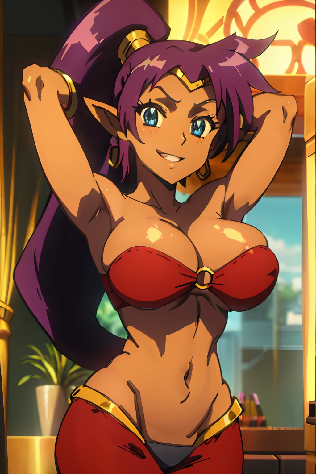 gorgeous woman, wearing blue dress, upper body, masterpiece,8k, best quality,insanely detailed, ((masterpiece)),subsurface scattering, detailed, good hands, 1girl,solo,wide hips,good eyes, ray tracing,animescreencap,highschoolofthedead,shantae \(og\), 1girl, solo, smile, purple hair, jewelry, dark skin, navel, earrings, cleavage, dark-skinned female, pointy ears, blue eyes, bandeau, grin, hoop earrings, high ponytail, arabian clothes, tiara, pants, arms up, harem pants, o-ring, huge breasts, big hair, o-ring top, forehead jewel, midriff, bracer, huge boobs, nsfw, mature female, smile, seductive smile,red clothes