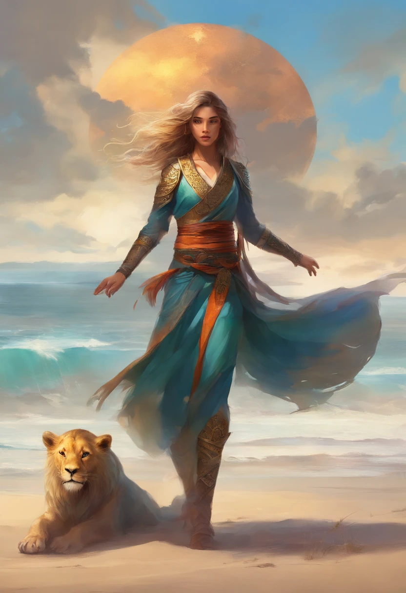 a girl on the beach wearing ninja dress with the lion as a pet