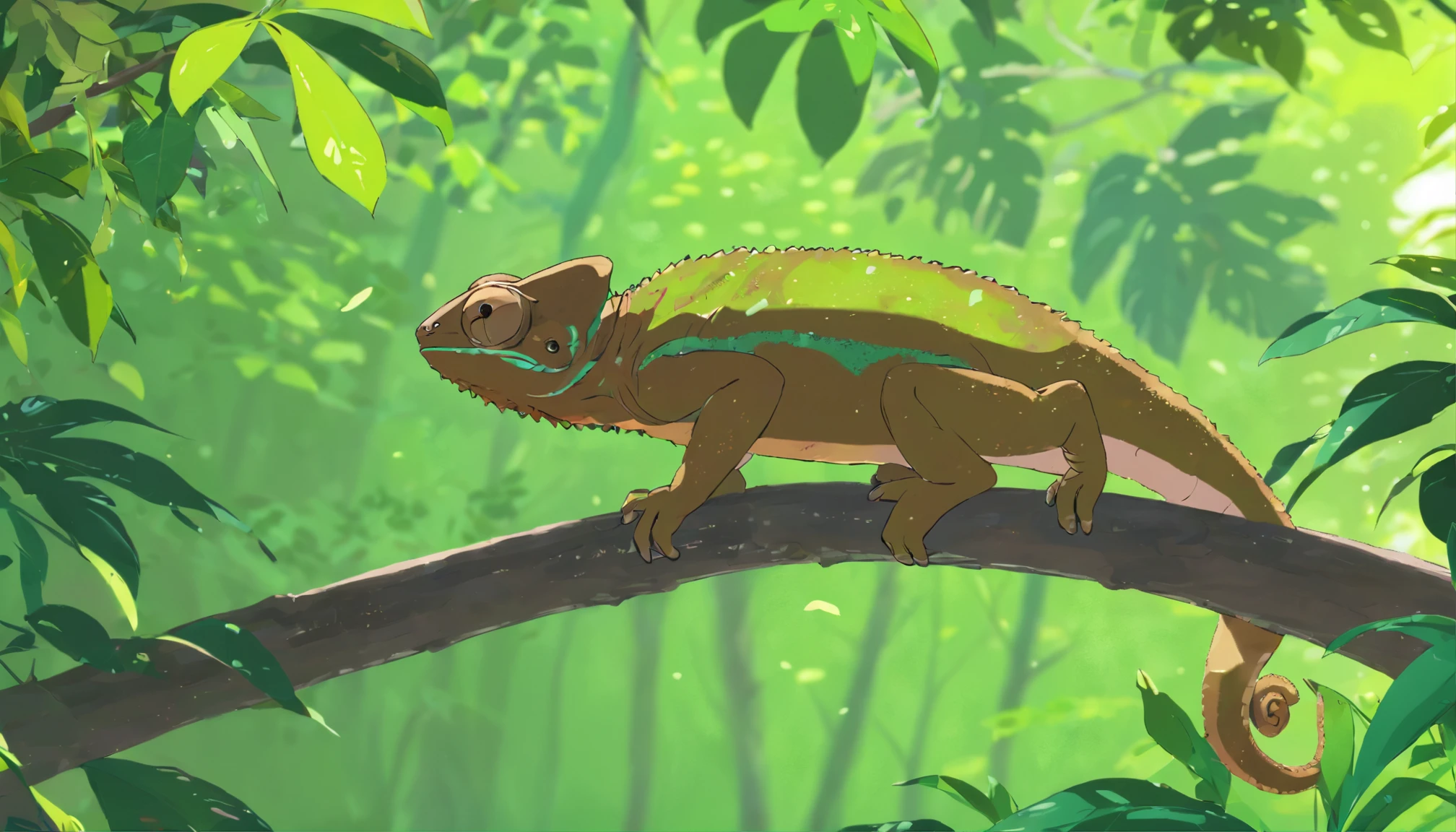 Small brown chameleon , Hanging on a tree branch, ((mournful)) ((masterpiece)) ,Background in the forest,Green leaves and flowers,Ultra-high definition and ultra-high resolution