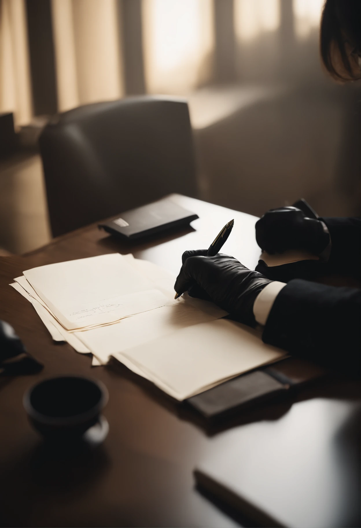 Wearing black leather gloves in both hands, upper body, black business suit, facing the desk in the modern study in the dark, looking down and smiling, writing a letter using a fountain pen, long, straight black hair, young Japanese female new employee (black leather gloves cover both hands)