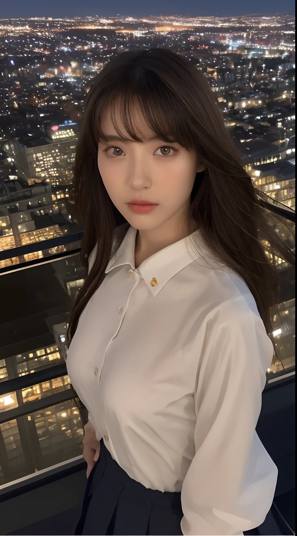 ((mid night、top-quality、8K、masterpiece:1.3)), full body Esbian, long legged, foco nítido:1.2, Beautiful woman with perfect body shape:1.4, Slender Abs:1.1, ((dark brown hair、Colossal tits:1.2)), (High school girl uniform, summer clothing:1.2), ((Night City View、On the rooftop:1.3)), Highly detailed facial and skin texture, A detailed eye, 二重まぶた