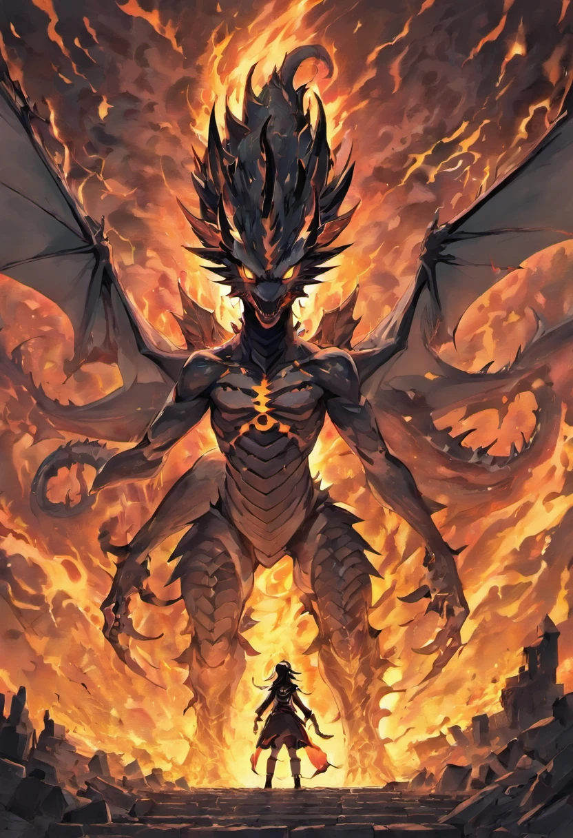 Dragon, large humanoid body, black scales, vibrant red eyes, evil gaze, focus on face, focus on expression, fire scenery, "One Piece-inspired anime features, drenched in dramatic and incredible lighting, dramatic lighting, infused with creative details, ultra-fine 2D design, scenery bathed in creativity, bathed in creativity, boasting HD anime resolution clarity, HD anime graphics, high-octane rendering"