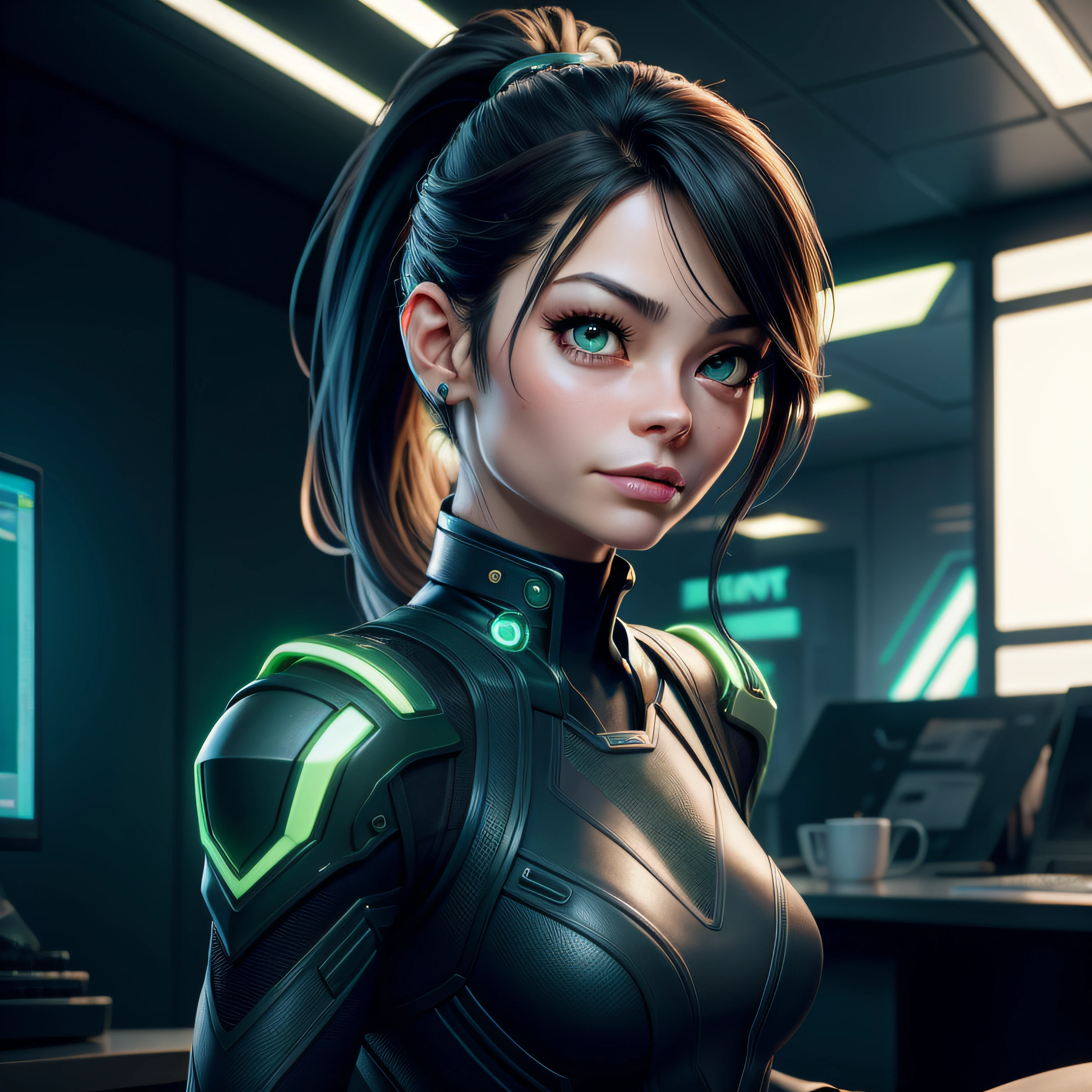 Kristin Kreuk with a ponytail and green eyes, dans une salle cyberpunk travaillant sur un ordinateur portable