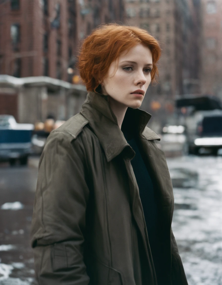 Beautiful petite young woman, 28 year old, Short ginger hair,Soft hair, Cold, (Investigative journalist:1,5), new york city, press photography, 35mm, Kodak gold 200, Depth of field, importance