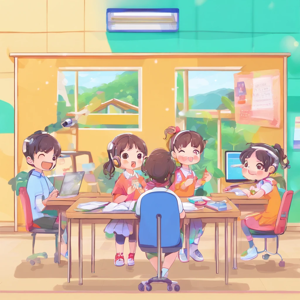Draw a bright classroom，It's full of technology vibe。Students in the classroom、You can use VR glasses for virtual reality learning，Explore different scenarios and knowledge in an immersive way。At the same time，Some students draw cartoon characters，Show their creativity and artistic talent。Teacher teaches students how to take pictures with a camera，Hone your photography skills。Still others draw with a brush，Express your thoughts and feelings。At the same time，Some students explore the classroom，Discover new knowledge and discoveries。Some students operate drones to measure，Demonstrate the application and innovation of technology。You can lay out the entire illustration vertically，Highlight your character's face and facial expressions，This illustration is suitable for commercial use，Can be used for education-related advertising、Promotional Materials, etc，Demonstrate the technology and innovation of modern education。