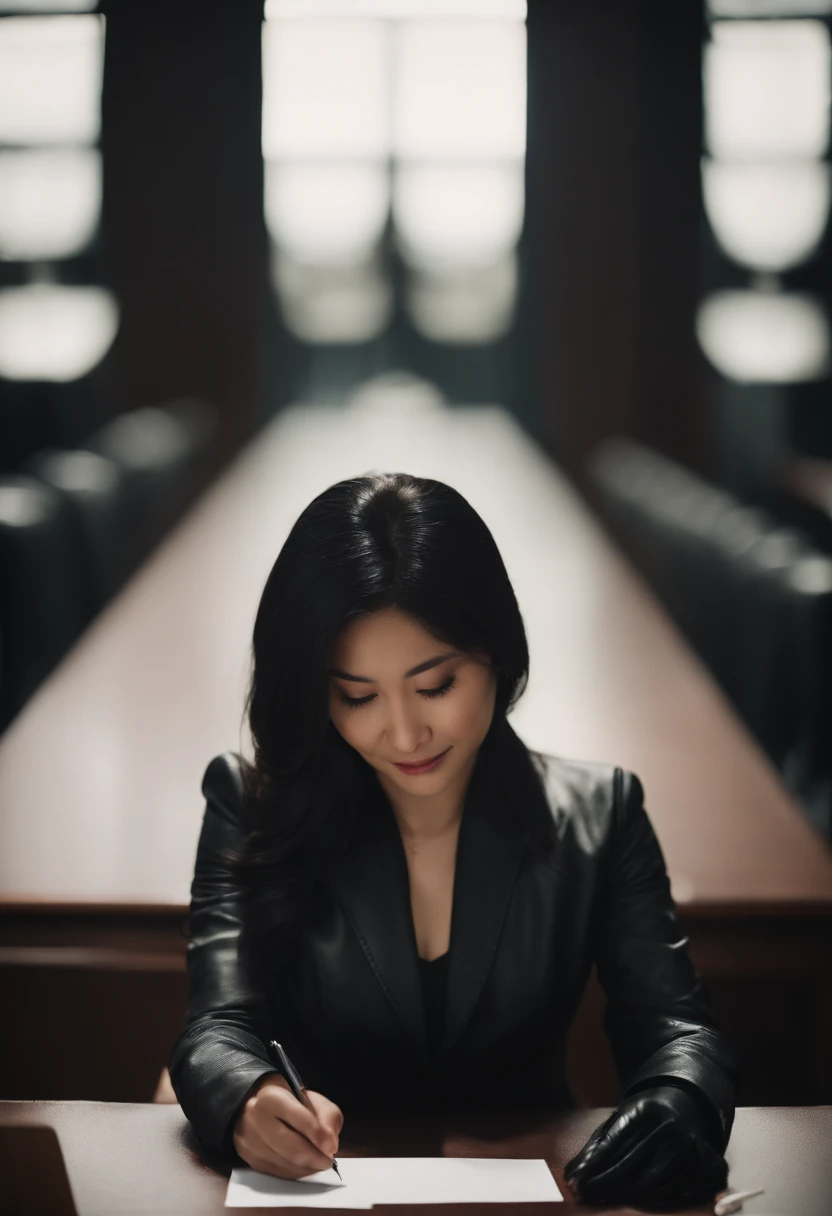 Wearing black leather gloves in both hands, upper body, black business suit, facing the desk in the modern study in the dark, looking down and smiling, writing a letter using a fountain pen, long, straight black hair, young Japanese female new employee (black leather gloves cover both hands)