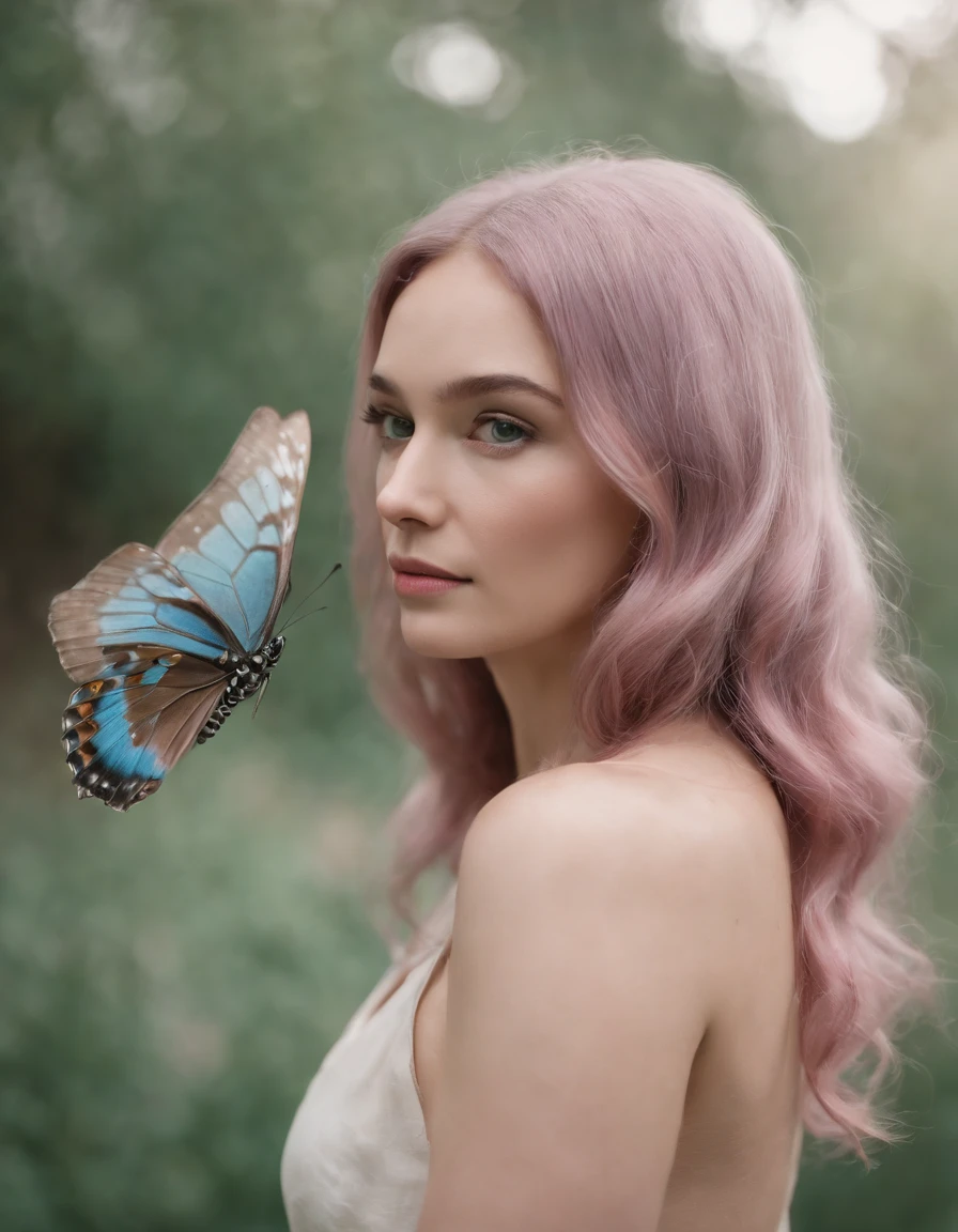 Butterfly on white paper, style dark cyan and light beige, historical photo, naturalistic rendering, glazed pottery, naturalistic portrait, fujifilm velvia, light magenta and dark gray, pink haired woman with butterfly wings behind her back