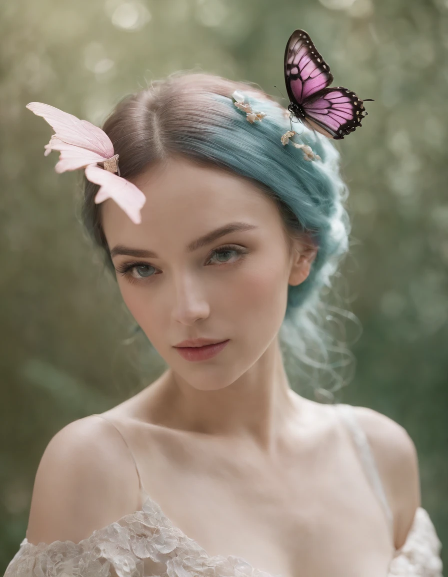 Butterfly on white paper, style dark cyan and light beige, historical photo, naturalistic rendering, glazed pottery, naturalistic portrait, fujifilm velvia, light magenta and dark gray, pink haired woman with butterfly wings behind her back