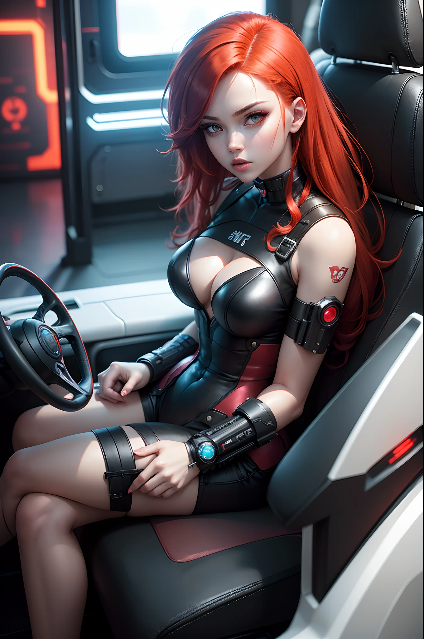 A cyberpunk-influenced super girl with a blazing red hair, a ghostly white skin, and a sultry body, seated in an anime-inspired car.