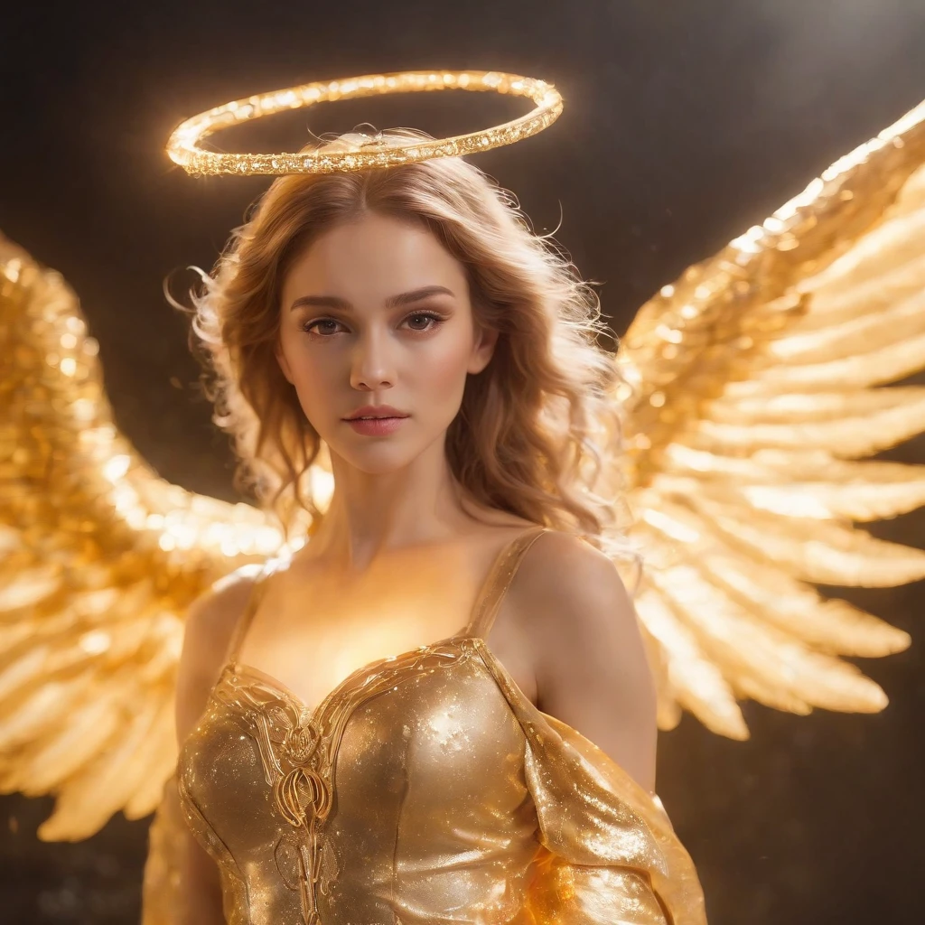 (best quality,4k,8k,highres,masterpiece:1.2),ultra-detailed,(realistic,photorealistic,photo-realistic:1.37),Cosmic Fallen golden Angel, medium close-up, glowing light eyes,Biomechanical,eerie,Creepy,nightmarish,Very bright colors,Light particles,with light glowing,Mshiff,wallpaper art,UHD wallpaper, (Paired with Canon EF 35mm F/1.4L II USM lens for versatile compositions:1.2),upper body