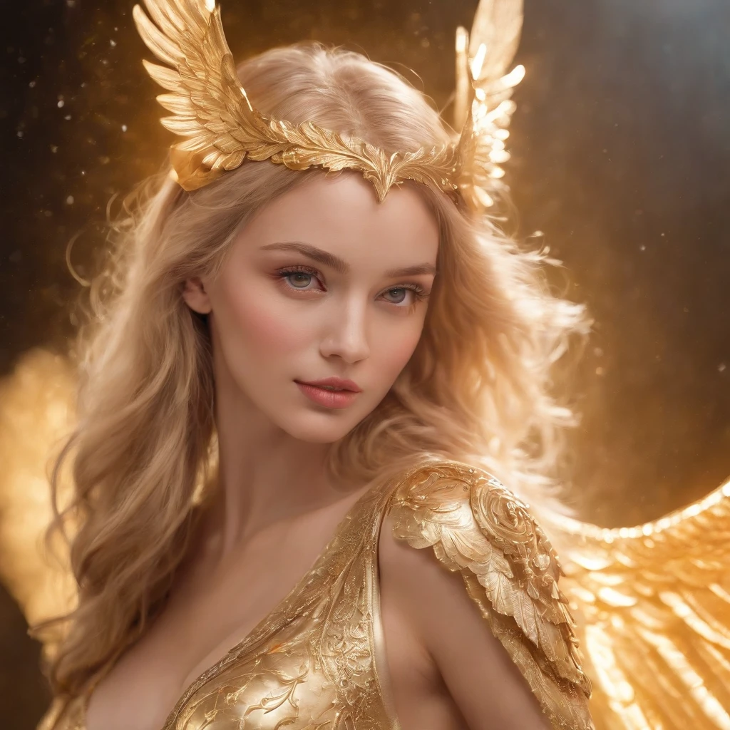 (best quality,4k,8k,highres,masterpiece:1.2),ultra-detailed,(realistic,photorealistic,photo-realistic:1.37),Cosmic Fallen golden Angel, medium close-up, glowing light eyes,Biomechanical,eerie,Creepy,nightmarish,Very bright colors,Light particles,with light glowing,Mshiff,wallpaper art,UHD wallpaper, (Paired with Canon EF 35mm F/1.4L II USM lens for versatile compositions:1.2),upper body
