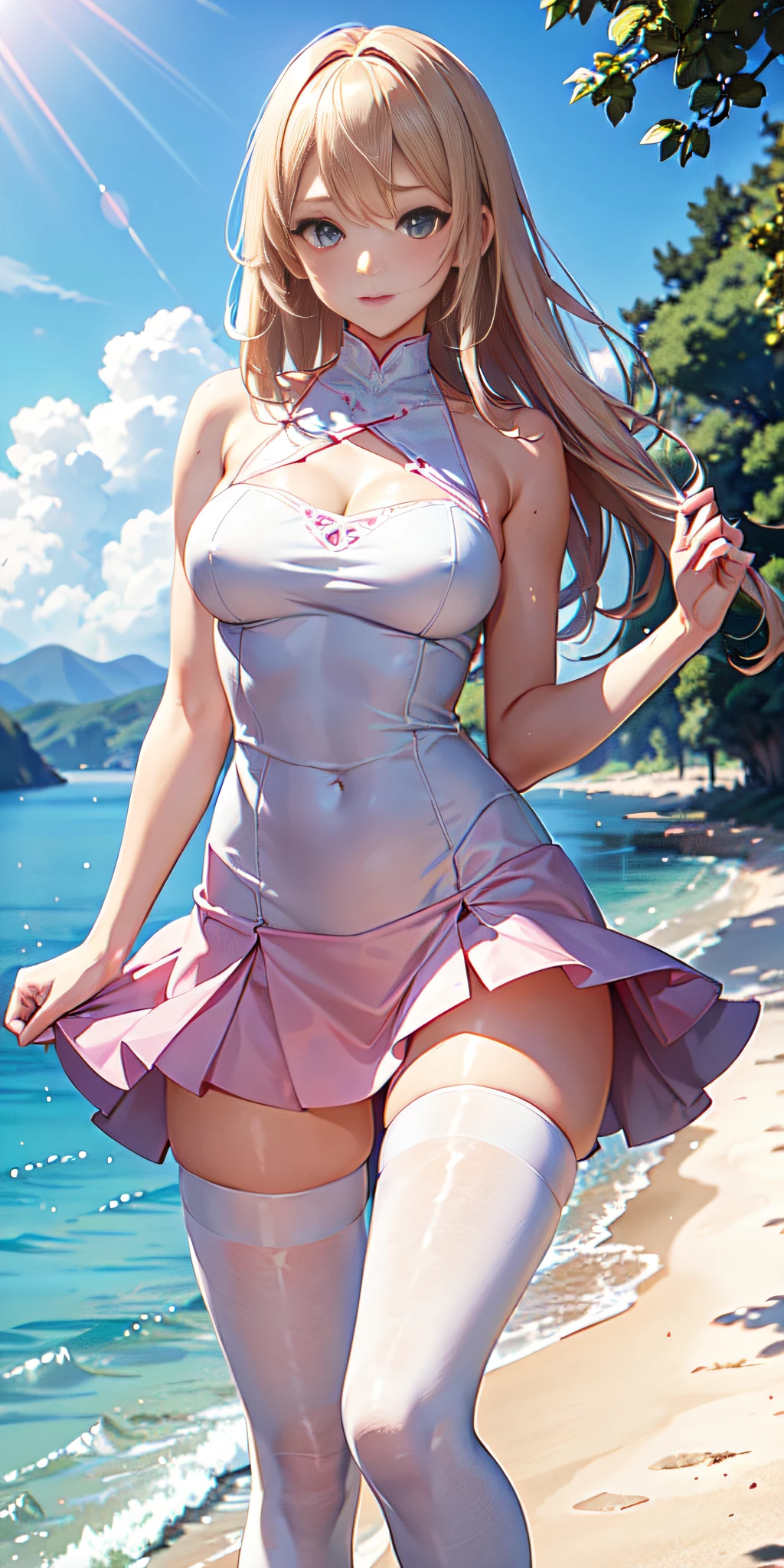1 single woman, perfect body, blonde with blue eyes,Pink and white clothes including a very short miniskirt,River fantasy,White stockings,444 Hz, beautiful, impressive, Highly detailed, 8k, use, affectionate, Ultra photo realsisim, landscape