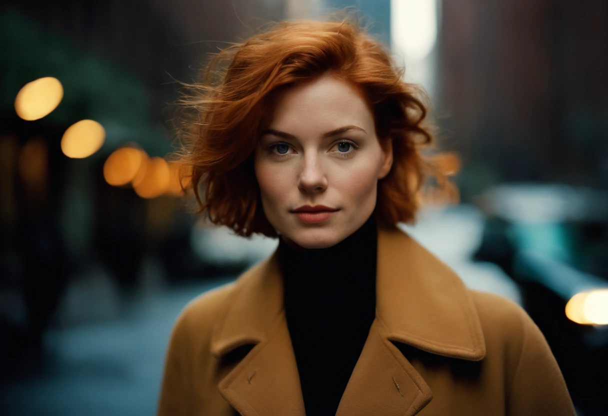 Beautiful young woman, 28 year old, Short messy hair, Ginger hair, Soft hair, Straight hair, Cold, (Investigative journalist:1,5), new york city, press photography, 35mm, Kodak gold 200, Depth of field, importance