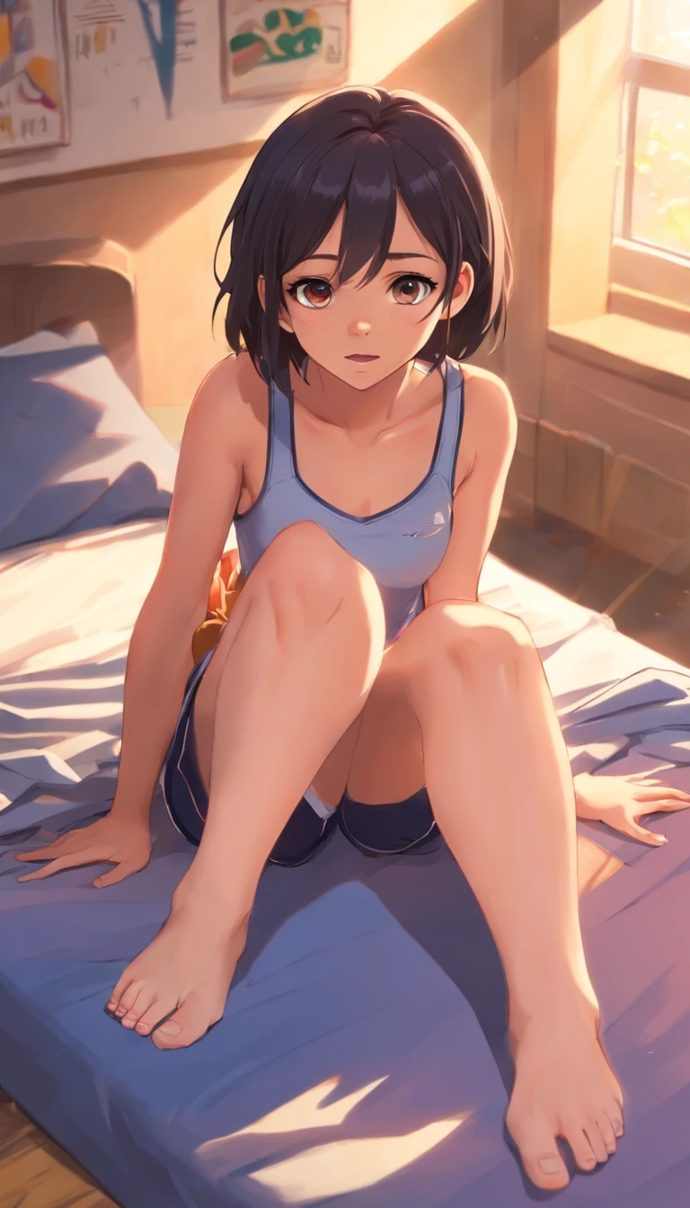 obra-prima, mais alta qualidade, alta resolução, sozinho, seios grandes, Dentro de casa, misaligned bra, tanga de gravata lateral, deitado, de cima, arms spread open, irritado, cama, cueca desgrenhada, heavy breathing, sexual expression, Jenna Ortega, um close up de uma mulher de terno e meias segurando um enorme dille, aluna hiperrealista, uma aluna hiperrealista, Arte Giantess, Estudante realista, very realistic, imagem ultra realista, muito realista, foto sexy do filme, Estilo Ross Tran, 3 d anime realista, Anime 3D Arte, Fubuki, Oppai
